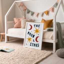 Nursery Wall Art Print, For Kids Room, Boho Children's Bedroom Poster, Prints, Moon & Stars Hand Painted Decor - thumbnail 3