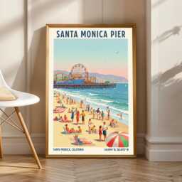 Santa Monica Pier Poster - Blue, Pink & Beige Art - Vintage Travel Print Red Green Beach Illustration Living Room, Office Decor - thumbnail 1