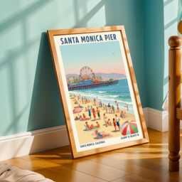 Santa Monica Pier Poster - Blue, Pink & Beige Art - Vintage Travel Print Red Green Beach Illustration Living Room, Office Decor - thumbnail 2
