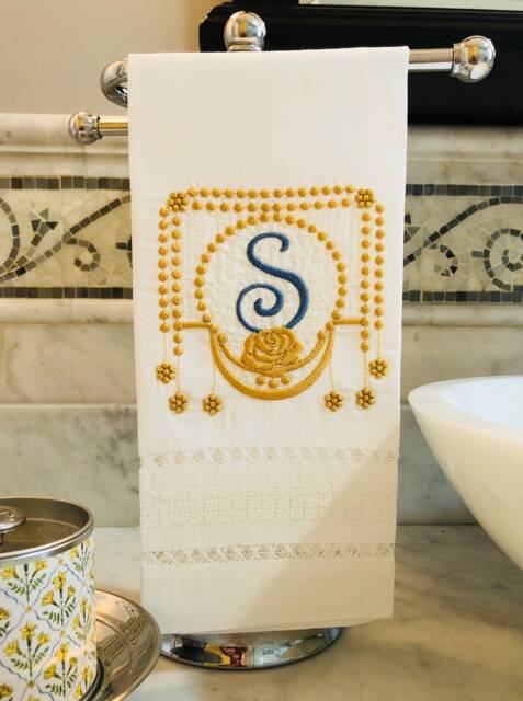 Linen Guest Towel Embroidered Pearls & Roses Monogram - image 1