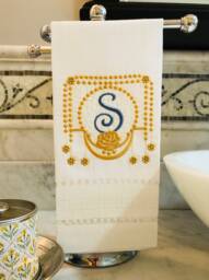 Linen Guest Towel Embroidered Pearls & Roses Monogram - thumbnail 1