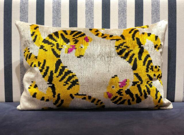 Yellow Tiger Ikat Pillow - Silk Velvet, Handmade Uzbek Cushion - image 1