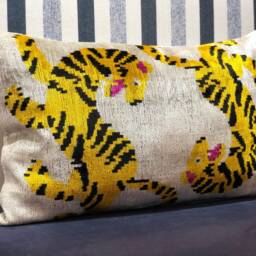 Yellow Tiger Ikat Pillow - Silk Velvet, Handmade Uzbek Cushion - thumbnail 2