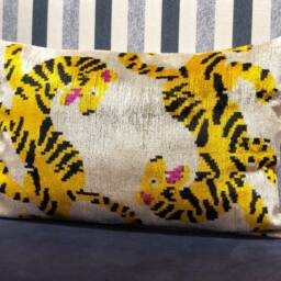 Yellow Tiger Ikat Pillow - Silk Velvet, Handmade Uzbek Cushion - thumbnail 3