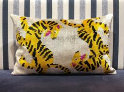 Yellow Tiger Ikat Pillow - Silk Velvet, Handmade Uzbek Cushion - thumbnail 1
