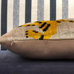Yellow Tiger Ikat Pillow - Silk Velvet, Handmade Uzbek Cushion - thumbnail 4