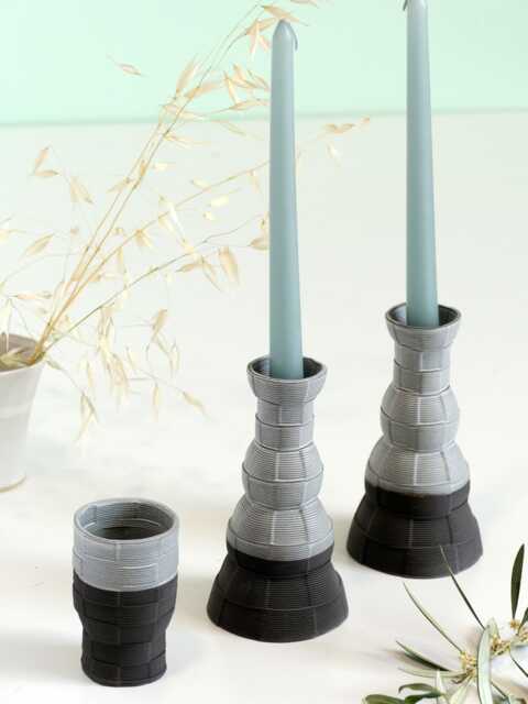 Shabbat Table Set, Pair Of Candlesticks, Kiddush Cup, 3D Printed Black Clay, With Off White Glaze, Early Bird Sale, Checkered Grid Pattern - image 1