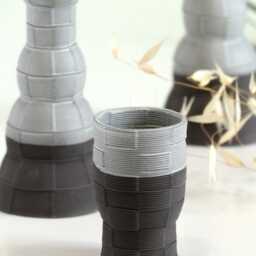 Shabbat Table Set, Pair Of Candlesticks, Kiddush Cup, 3D Printed Black Clay, With Off White Glaze, Early Bird Sale, Checkered Grid Pattern - thumbnail 3