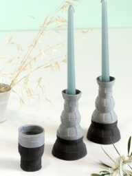 Shabbat Table Set, Pair Of Candlesticks, Kiddush Cup, 3D Printed Black Clay, With Off White Glaze, Early Bird Sale, Checkered Grid Pattern - thumbnail 1