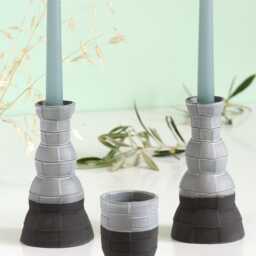 Shabbat Table Set, Pair Of Candlesticks, Kiddush Cup, 3D Printed Black Clay, With Off White Glaze, Early Bird Sale, Checkered Grid Pattern - thumbnail 4