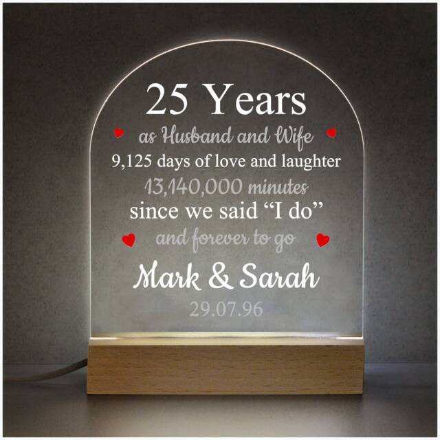 25Th Anniversary Gifts, Silver Wedding Anniversary, 25 Years Marriage Led Night Light , Gift For Husband Wife Parents, Custom Couples - image 1