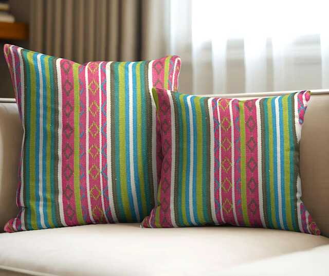 "Pink/Green/White Mexican Cushion Covers - Thick Striped Ethnic Decor Throw Pillow 16""/18""/20" - image 1