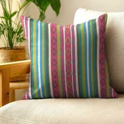 "Pink/Green/White Mexican Cushion Covers - Thick Striped Ethnic Decor Throw Pillow 16""/18""/20" - thumbnail 2