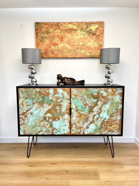 Bar Cabinet With Hairpin Legs & Copper Patina Texture - image 1