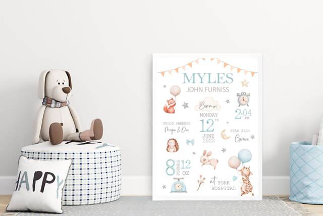 Baby Birth Stats Wall Print, Personalised New Baby Gift, Boys Nursery Art, Bedroom Decor, Gifts For Newborn - image 1