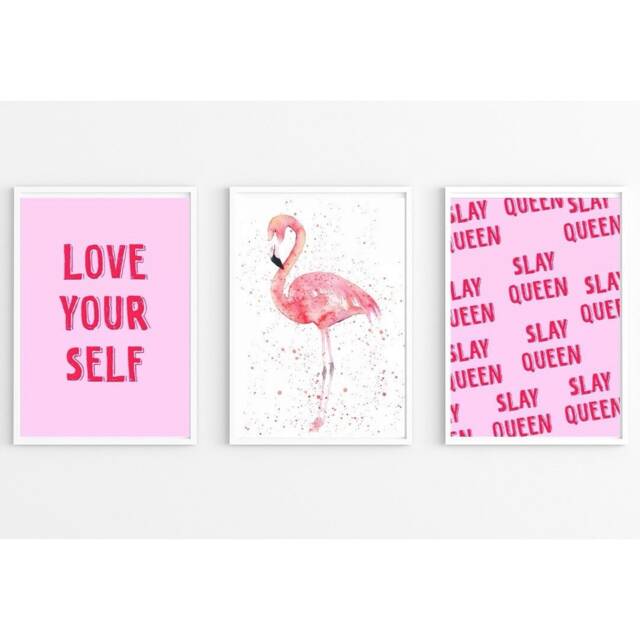 Love Yourself, Pink Watercolour Splash Flamingo, Slay Queen Set Of 3 Prints