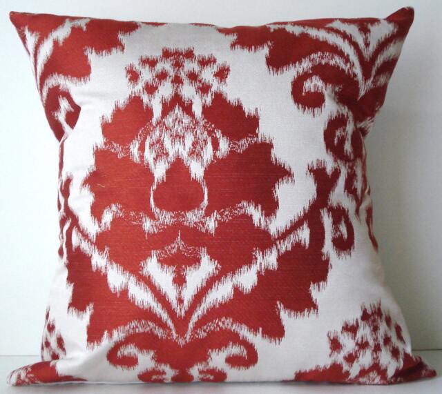 New 18x18 Inch Designer Handmade Pillow Case Red On White Ikat Damask