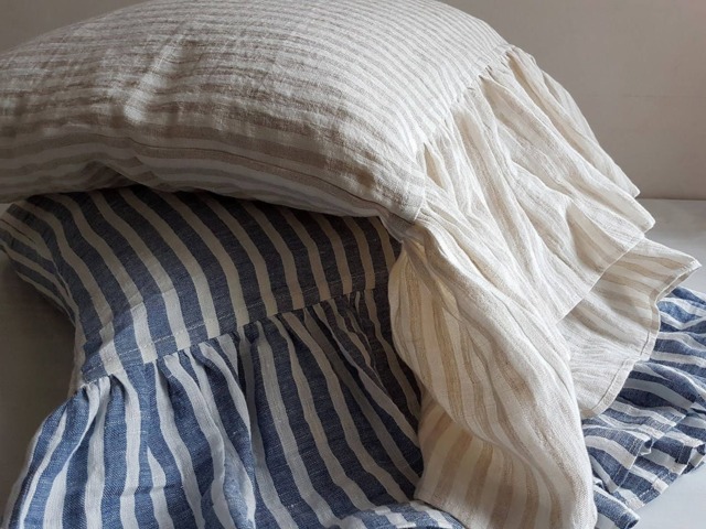 Striped Linen Pillowcase With Long Ruffles - Vintage Style Pillow Sham - image 1