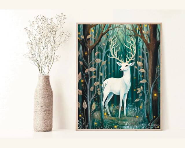 A3 A4 A5 Deer in The Forest Art Print - Cute Wall Poster Woodland Animal - image 1