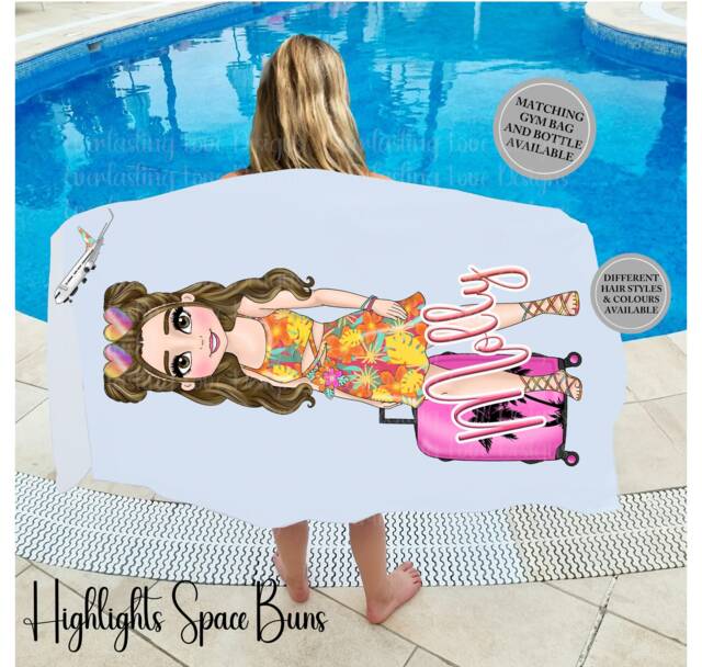 Personalised Beach Towel, Tropical Girl Towel, Matching Bag & Swimming First Holiday For Kids, School Bag, Bath Towel - image 1