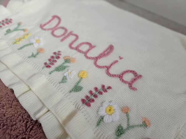 Personalised Hand Embroidered Floral Ruffle Edge Baby Blanket - Heirloom Knit With Name Flower Garden New Gift, Nursery Keepsake - image 1