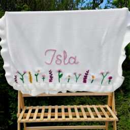 Personalised Hand Embroidered Floral Ruffle Edge Baby Blanket - Heirloom Knit With Name Flower Garden New Gift, Nursery Keepsake - thumbnail 3