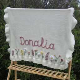 Personalised Hand Embroidered Floral Ruffle Edge Baby Blanket - Heirloom Knit With Name Flower Garden New Gift, Nursery Keepsake - thumbnail 2
