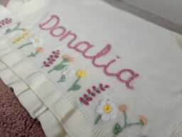 Personalised Hand Embroidered Floral Ruffle Edge Baby Blanket - Heirloom Knit With Name Flower Garden New Gift, Nursery Keepsake - thumbnail 1