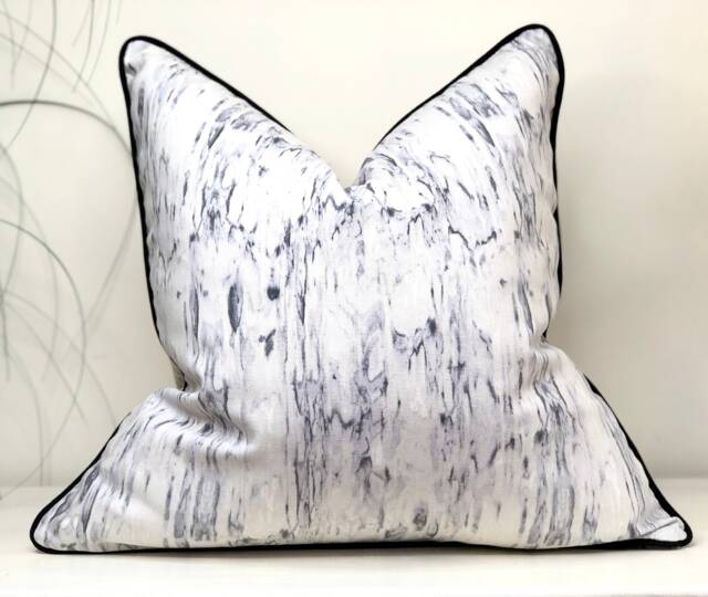 Marbled Blue Grey Cushion Pillow Cover With Black Piping Trim - Modern Contemporary Home Decor - image 1