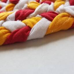 Handmade Braided Rag Rug Red, White, & Yellow Recycled T-Shirt - thumbnail 3