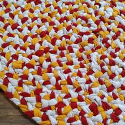 Handmade Braided Rag Rug Red, White, & Yellow Recycled T-Shirt - thumbnail 4