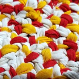 Handmade Braided Rag Rug Red, White, & Yellow Recycled T-Shirt - thumbnail 2