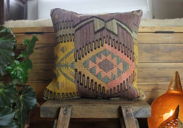 40cm - 16Inch Stunning Kilim Pillow Cover - Antique Slit Weave Nomadic Style -Kazak Orange Blue On Brown - image 1