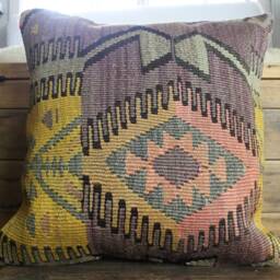 40cm - 16Inch Stunning Kilim Pillow Cover - Antique Slit Weave Nomadic Style -Kazak Orange Blue On Brown - thumbnail 2