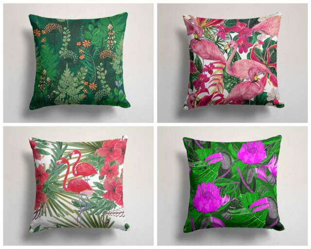 Flamingo Pillow Cover/Pink Forest Case/Home Decor Cushion Cover/Gift For Her/Animal Cushions Case/Green Pink Animal Figure - image 1
