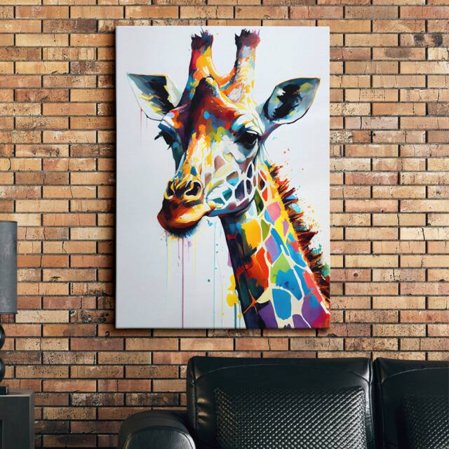 Colorful Giraffe Head Abstract Oil Painting Splatter Style Wall Art, Framed Canvas Poster Print, Home Kitchen Office Room Decor, Gifts - image 1