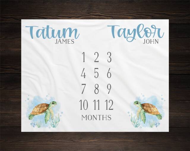 Twin Turtle Baby Milestone Blanket Month Growth Tracker Fleece Shower Newborn Gift Minky Boy Girl - image 1