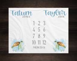 Twin Turtle Baby Milestone Blanket Month Growth Tracker Fleece Shower Newborn Gift Minky Boy Girl - thumbnail 1