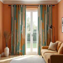 Abstract Brushstroke Curtains, Teal & Rust Modern Art Print Drapes, Contemporary Painted Rod Pocket Panels, Stylish Home Decor - thumbnail 2