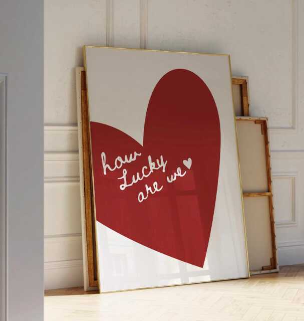 How Lucky Are We Wall Print, Red Heart Poster, Trendy Art, Bedroom Livingroom Art Quote - image 1