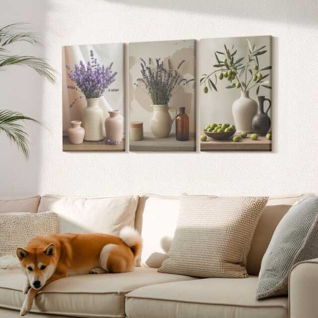 Canvas Set Of 3 Wall Art - Lavender Flowers, Olives & Ceramic Vessels, Beige Print, Plants Flowers Hanging Piece - image 1