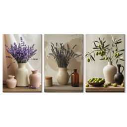 Canvas Set Of 3 Wall Art - Lavender Flowers, Olives & Ceramic Vessels, Beige Print, Plants Flowers Hanging Piece - thumbnail 2