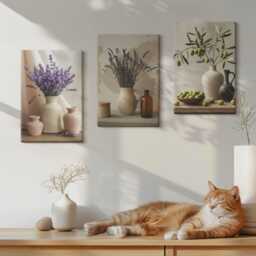 Canvas Set Of 3 Wall Art - Lavender Flowers, Olives & Ceramic Vessels, Beige Print, Plants Flowers Hanging Piece - thumbnail 3