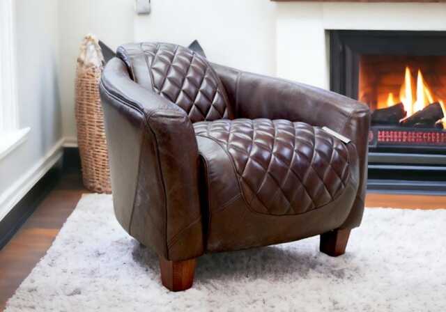 Quilted Distressed Leather Tub Chair - Vintage Brown Armchair - Kar2003 - image 1