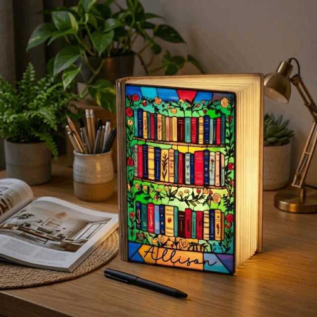 Custom Book Lover Lamp, Personalized Bookshelf Led Roses Stained Glass Night Reader Bedside Decor, Gift For - image 1
