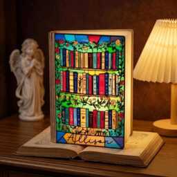 Custom Book Lover Lamp, Personalized Bookshelf Led Roses Stained Glass Night Reader Bedside Decor, Gift For - thumbnail 2
