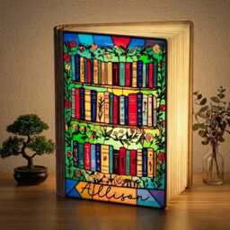 Custom Book Lover Lamp, Personalized Bookshelf Led Roses Stained Glass Night Reader Bedside Decor, Gift For - thumbnail 3
