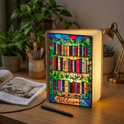 Custom Book Lover Lamp, Personalized Bookshelf Led Roses Stained Glass Night Reader Bedside Decor, Gift For - thumbnail 1