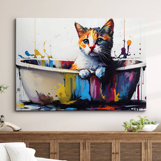 Cat in Bathtub Abstract Pet Animal Painting Splatter Wall Art, Framed Canvas Poster Print, Home Kitchen Office Room Decor, Gifts - image 1