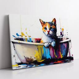 Cat in Bathtub Abstract Pet Animal Painting Splatter Wall Art, Framed Canvas Poster Print, Home Kitchen Office Room Decor, Gifts - thumbnail 2